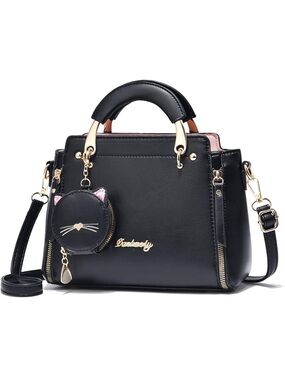 Black Structured Satchel with Cat Charm